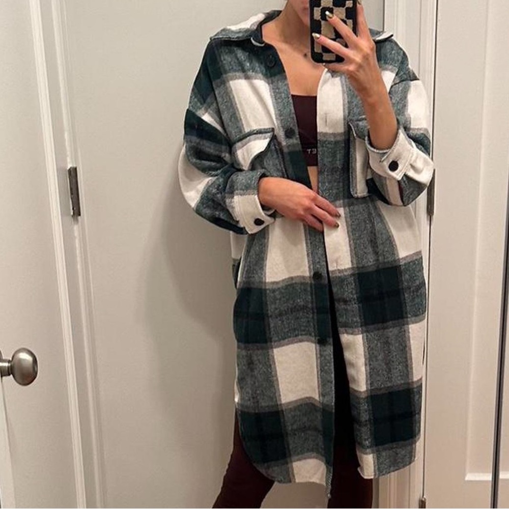 Green and White Plaid Trench Coat